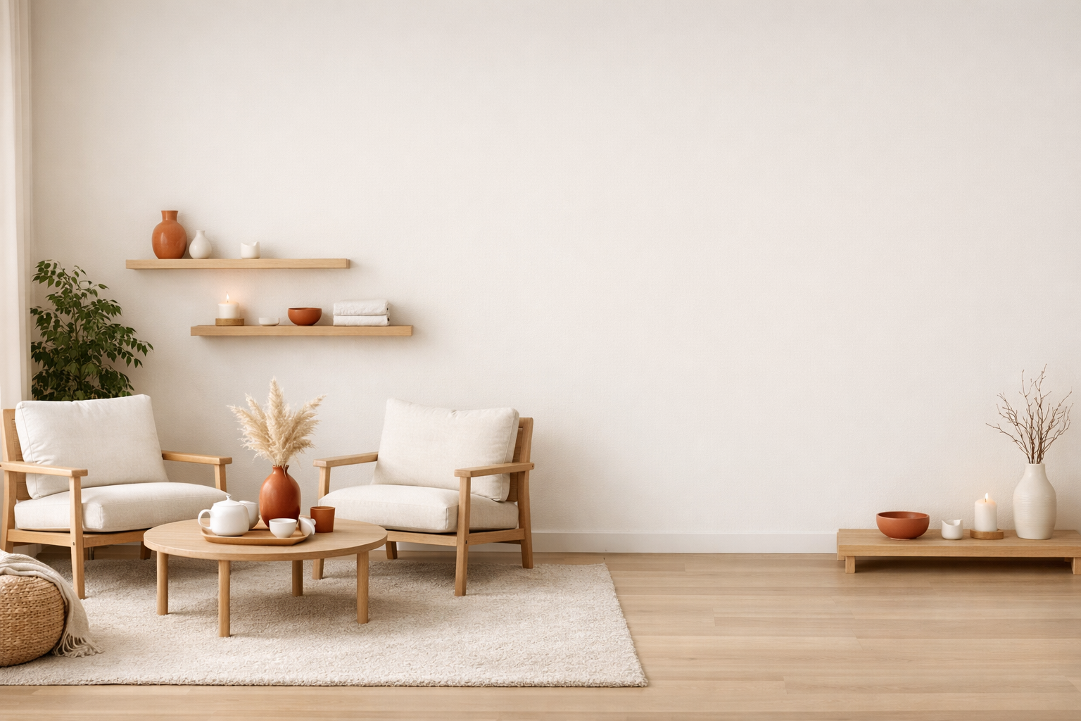 Espaço calmo com luz natural e plantas
